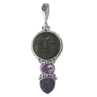 Obsidian Moon Goddess Pendant with Druzy