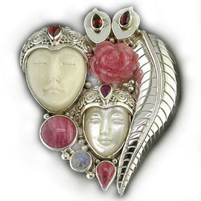 Double Goddess Pin-Pendant with Mother of Pearl, Rhodocrosite, Garnet, Rainbow Moonstone and Ruby