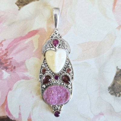 Goddess Pendant with Pink Druzy, Pink Tourmaline, Garnet & Ruby Pendant