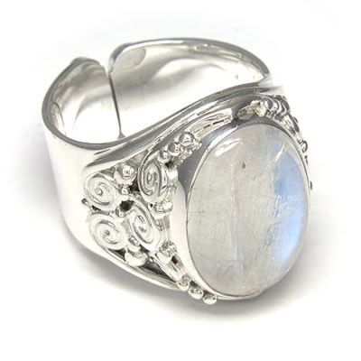 Large Oval Rainbow Moonstone Silver Ring