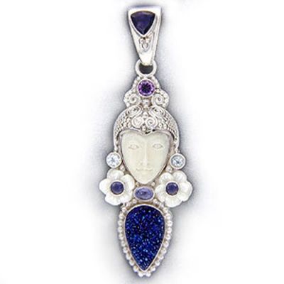 Goddess Pendant with Caribbean Druzy, Mother of Pearl Flowers and Multi-Gemstones