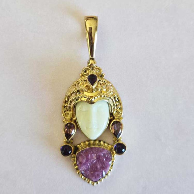 18K GOLD Goddess Pendant with Pink Druzy, Amethyst and Pink Tourmaline