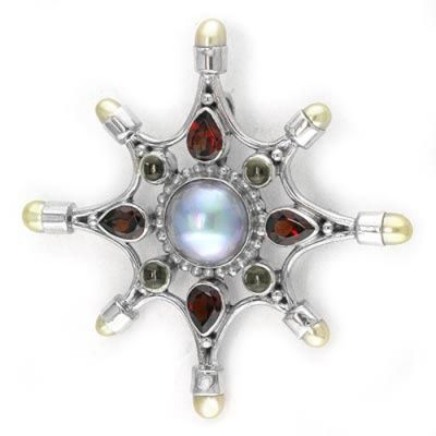 Blue Mabe Pearl Pin-Pendant with Garnet, Citrine and Peach Pearl