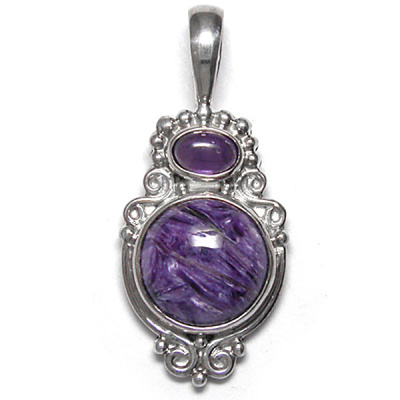 Charoite and Amethyst Silver Pendant