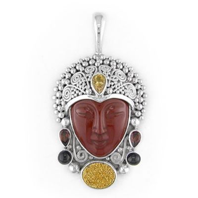 Red Jasper Goddess Pendant with Gold Druzy, Citrine, Garnet & Black Star Diopside