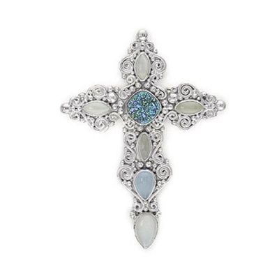 Ornate Sterling Silver Cross Pin-Pendant with Caribbean Druzy, Moonstone and Chalcedony
