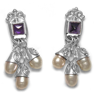 Sterling Silver Amethyst and Peach Pearl Silver Post Earrings