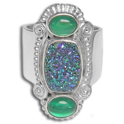 Green Druzy and Green Titanium Backed Moonstone Ring