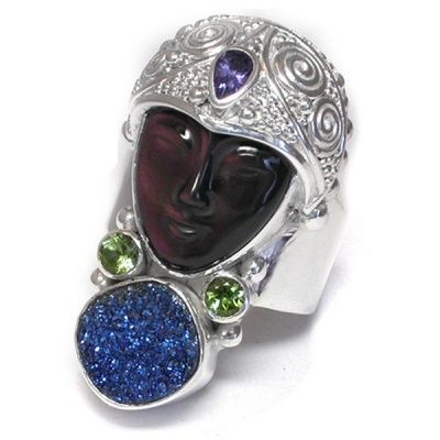 Rainbow Obsidian Carved Goddess adjustable Ring with Druzy, Iolite & Green TourmalinePeridot