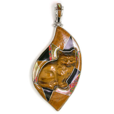 Sterling Silver Tiger Eye Cat Pendant with Brown Shell,  Onyx, Golden Brown Shell, and Created Red Opal Inlay