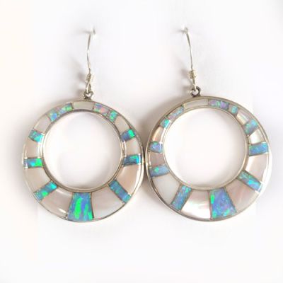Sterling Silver Pink Shell and Created Opal Inlay Danlge Earrings