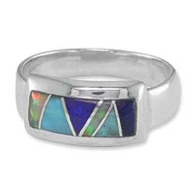 Turquoise, Lapis and Created Opal Inlay Ring