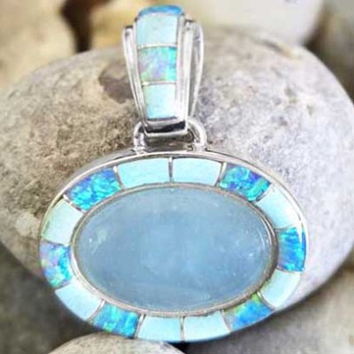 Aqua Blue Calcite, Created Blue Green Opal & Carico Lake Turquoise Inlay Pendant