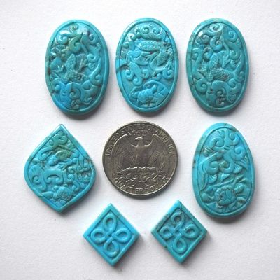 Hand-Carved Compressed Turquoise Various Sizes and Shapes Set of 7
