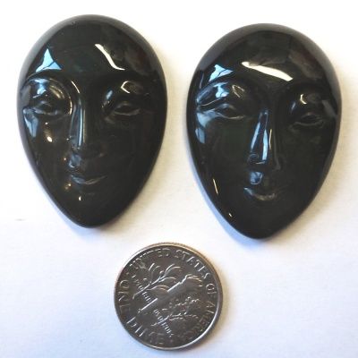 Offerings Sajen Two 26x35mm Hand-Carved Rainbow Obsidian Oval Goddess Faces