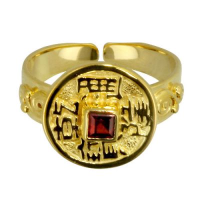 Gold-Plated Chinese Coin & Garnet Open-Back Vermeil Ring