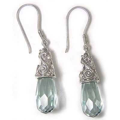 Faceted Created Green Obsidian Drop Earrings