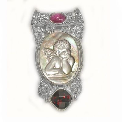 Black Mother of Pearl Cupid, Garnet and Ruby Pendant