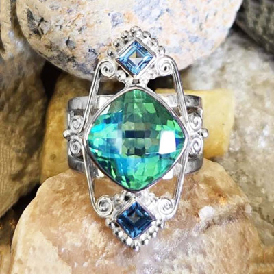 Ring with Caribbean Quartz and Blue Topaz