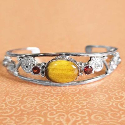 Tiger Eye Cuff Bracelet with Citrine, Garnet and Black Star Diopside