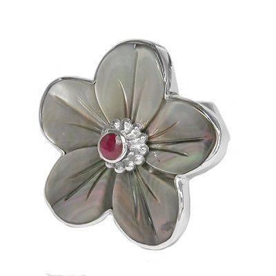 Black Mother Of Pearl & Ruby Flower Ring