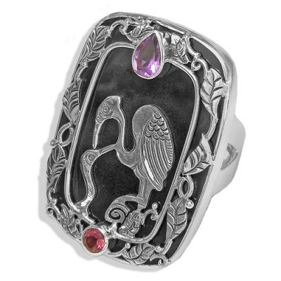 Silver Heron and Black Shell Ring with Amethyst & Pink Tourmaline