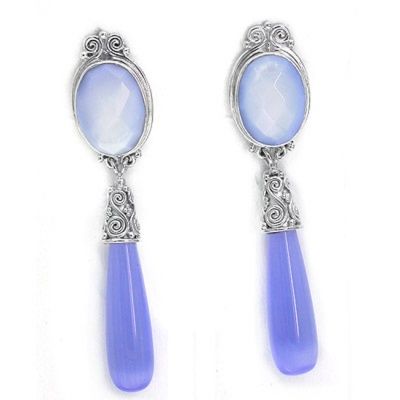 Blue Mother of Pearl Shell and Blue Fiber Optic Drop Earrings