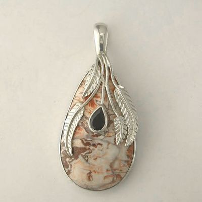 Mexican Crazy Lace & Garnet Pendant with Sterling Silver Leaves