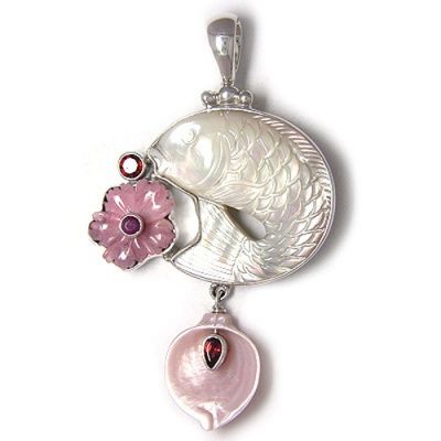 Mother of Pearl Fish Pendant with Rhodochrosite Flower, Calla Lily and Garnet