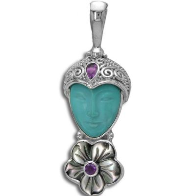 Turquoise Goddess Pendant with Rainbow Mother of Pearl Flower and Amethyst 