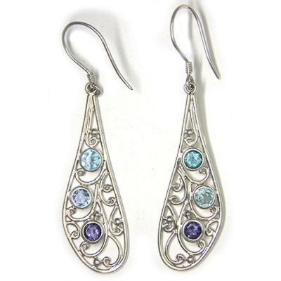 Sterling Silver Blue Topaz, Apatite and Iolite Earrings