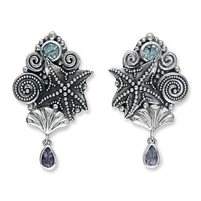 Sterling Silver Seashell and Starfish Earrings with Blue Topaz and Iolite