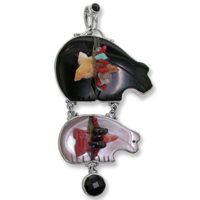 Jet & Pink Mother of Pearl Bear Fetish Pendant with Onyx and Black Star Diopside