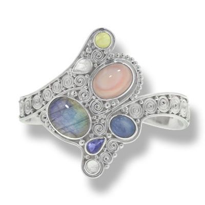 Cuff Bracelet with Labradorite, Pink Mother of Pearl, Prehnite, Rainbow Moonstone, Kyanite & Iolite