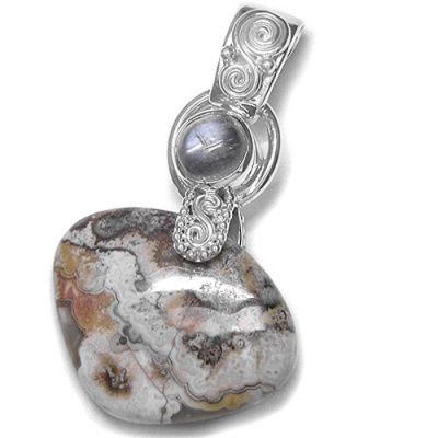 Mexican Crazy Lace Agate and Rainbow Moonstone Pendant
