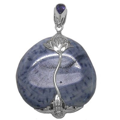 Fossilized Blue Coral and Silver Lotus Flower Pendant with Iolite