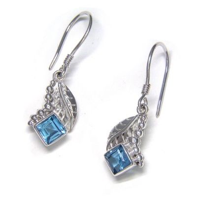Sterling Silver Leaf & Bead Earrings with Swiss Blue Topaz 