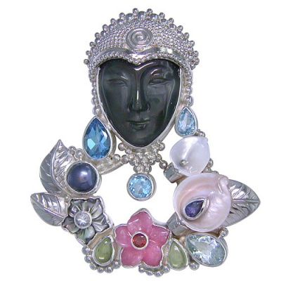 Rainbow Obsidian Goddess Pin-Pendant with Multi-Gemstones, Pearl and Shell