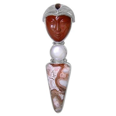 Red Jasper Goddess Pin-Pendant with Mexican Crazy Lace Agate, Pearl and Garnet