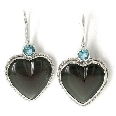 Rainbow Obsidian Heart and Swiss Blue Topaz Earrings