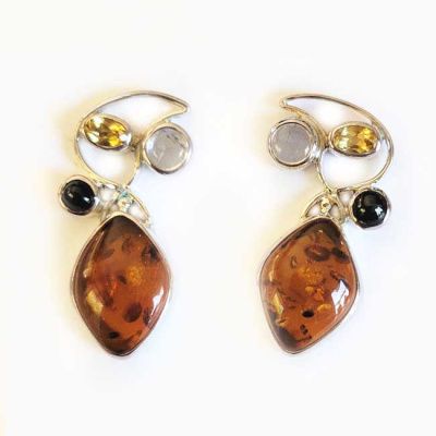 Amber Post Earrings with Citrine, Rainbow Moonstone, and Black Star Diopside
