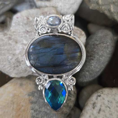 Labradorite, Celestial Blue & Rainbow Teal Quartz Pendant