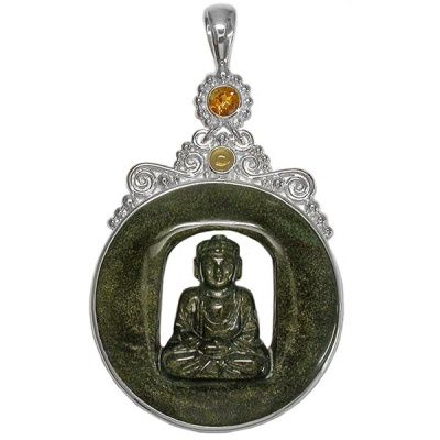 Golden Sheen Obsidian Buddha & Citrine Pendant