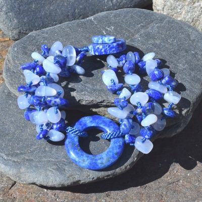 Lapis and Blue Chalcedony Beaded Bracelet with 30mm Lapis Circle Center