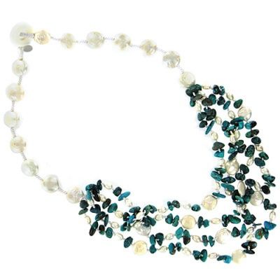 Turquoise Chip Bead and Freshwater Pearl Bead and Coin Necklace