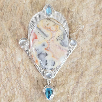 One of a Kind Mexican Crazy Lace Agate Pin Pendant with Moonstone, Labradorite, and Blue Topaz