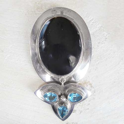 Onyx Pin Pendant with Blue Topaz