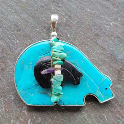 Turquoise Bear Fetish Pendant with Jet Baby Bear, Amethyst, Coral, and Turquoise