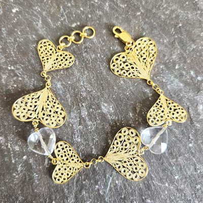 Vermeil Filigree Hearts Bracelet with Quartz Hearts and Lobster Clasp 7.5-8"