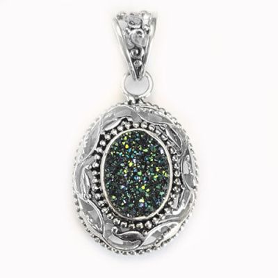 Caribbean Druzy Pendant with Ornate Open Silver Bezel and Bale